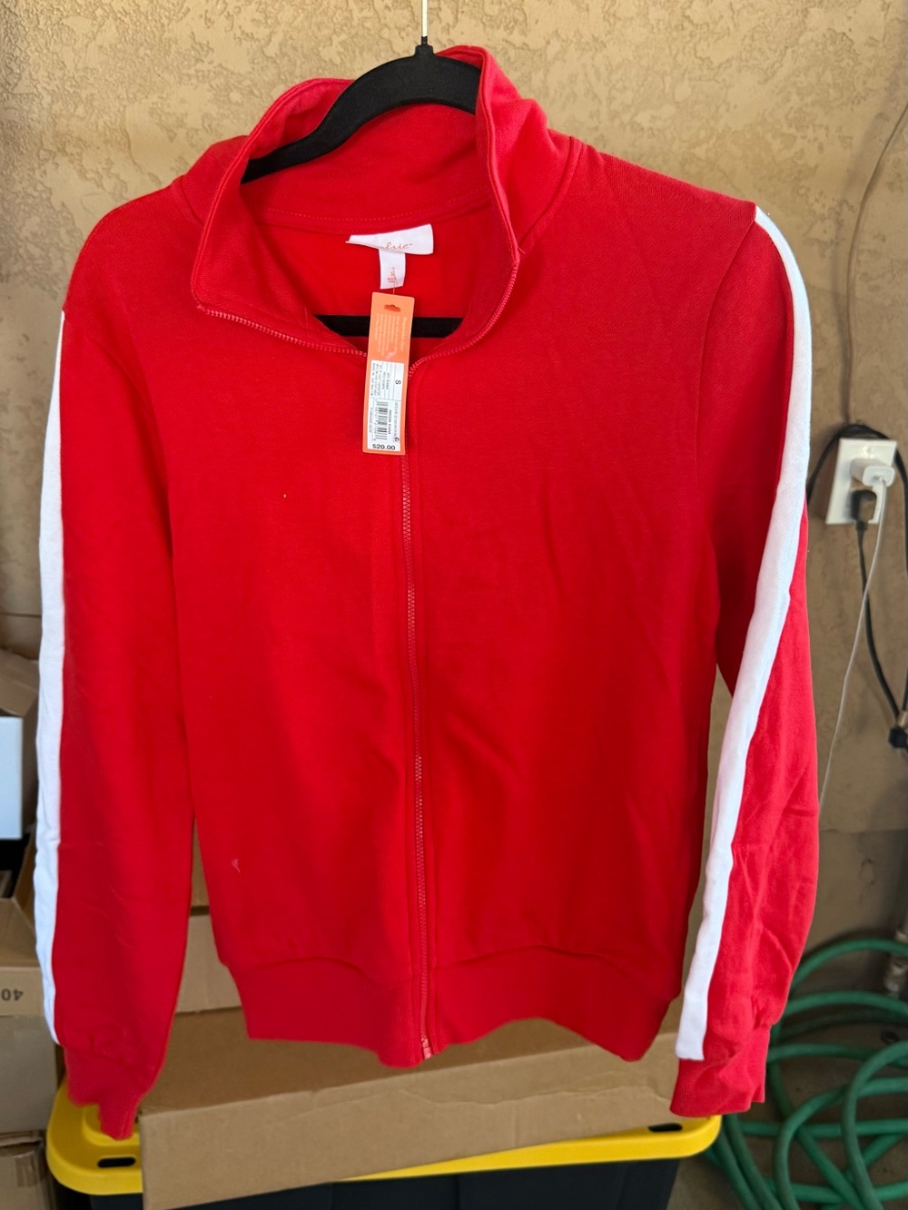 Colsie Red Bomber Jacket with White Sleeve Stripes